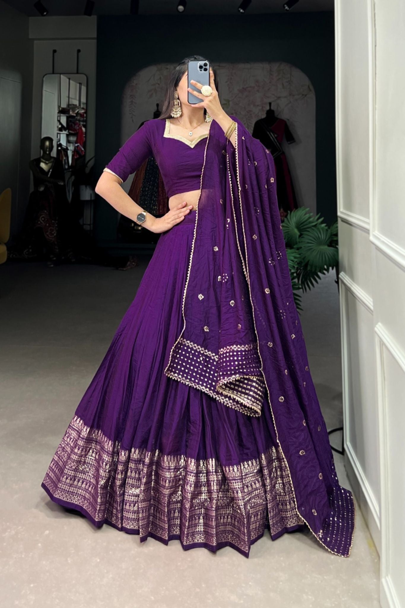 Pure Chanderi Plain With Zari Weaving Work Lehenga Choli