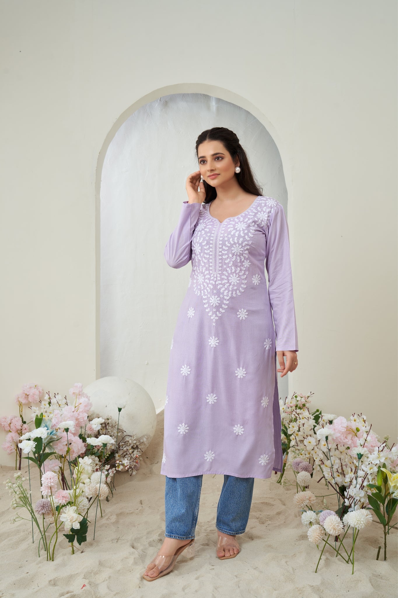 Lavender Chikankari Rayon Solid Women's Kurti