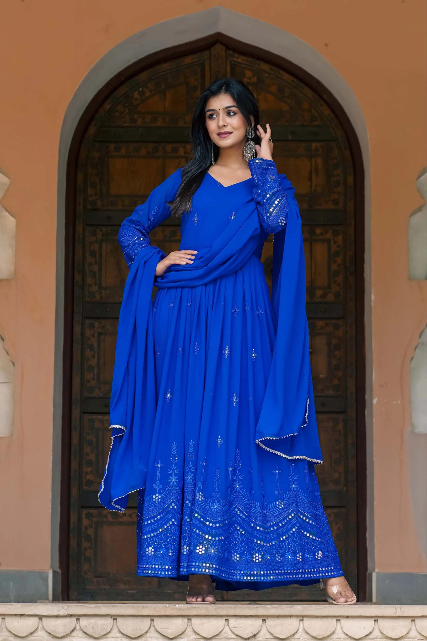 New Georgette Embroidered And Mirror Work Gown With Dupatta Set