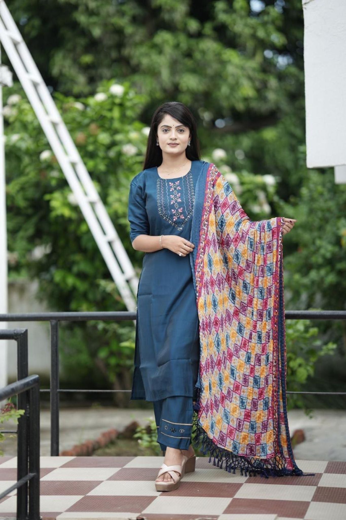 Women's Roman Silk Handwork Kurti with Pent and Dupatta Set