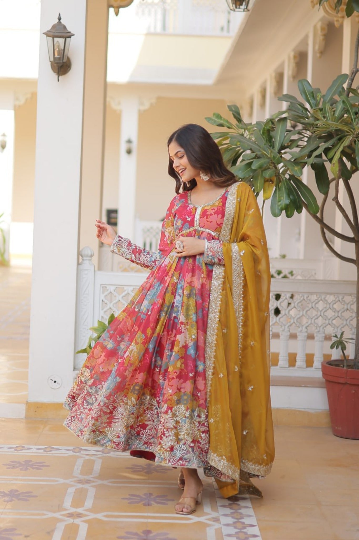 Elegant Printed With Embroidered Readymade Alia Cut