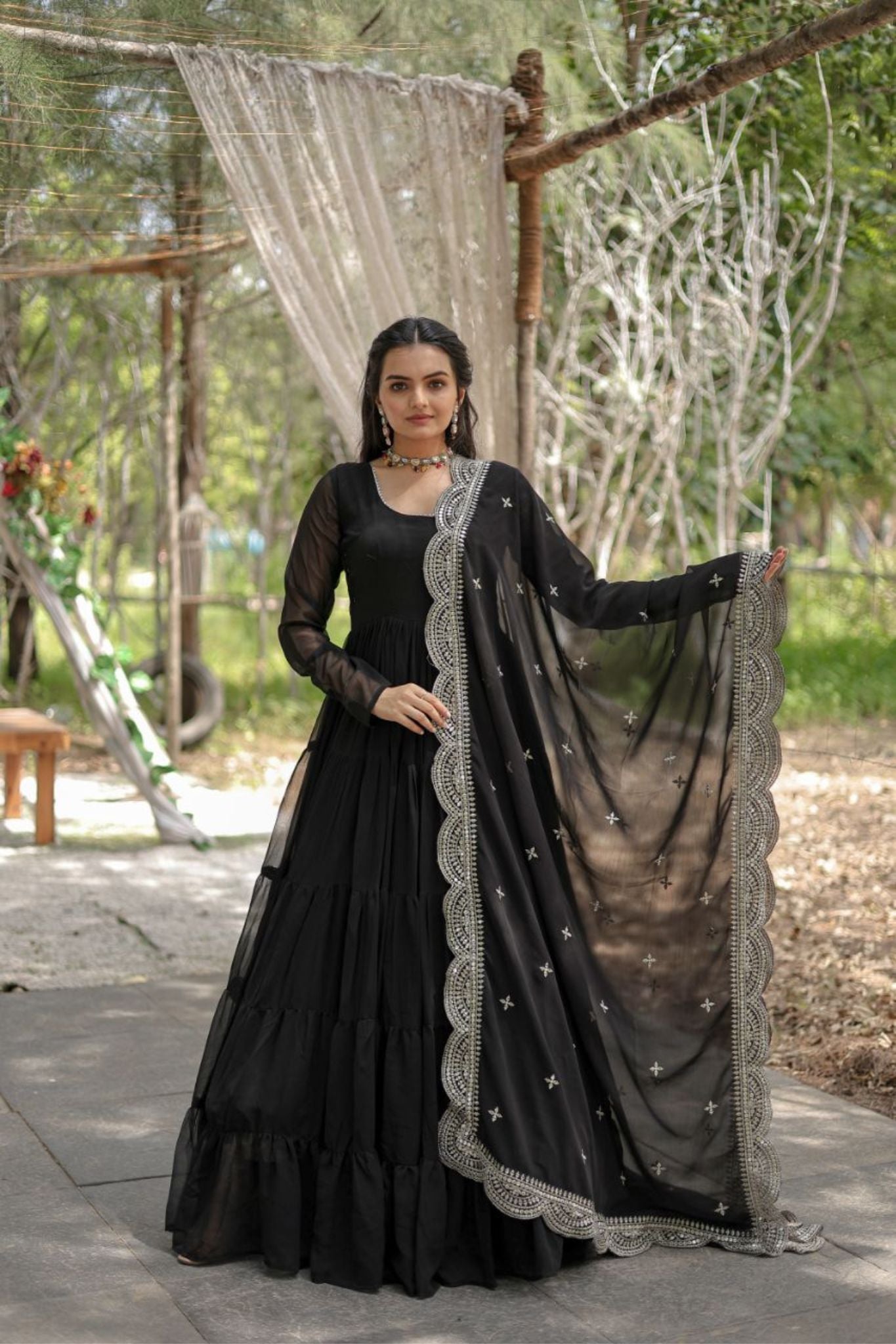 Tiered Stylish Women Gown With Dupatta Set