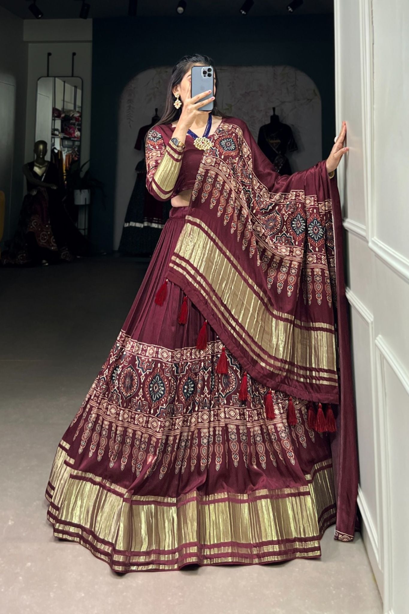 Maroon Gaji Silk Digital Print With Lagadi Patta Work Lehenga Choli