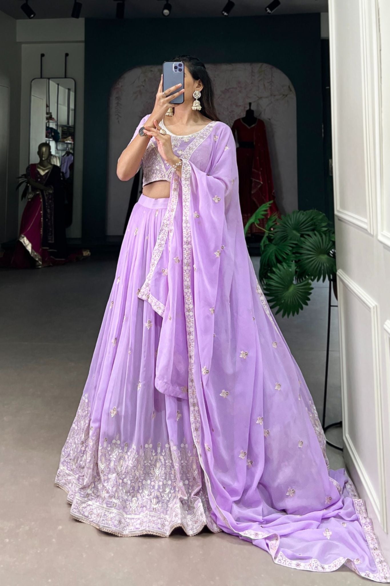 Georgette Lavender Sequins Thread Embroidered Lehenga Choli