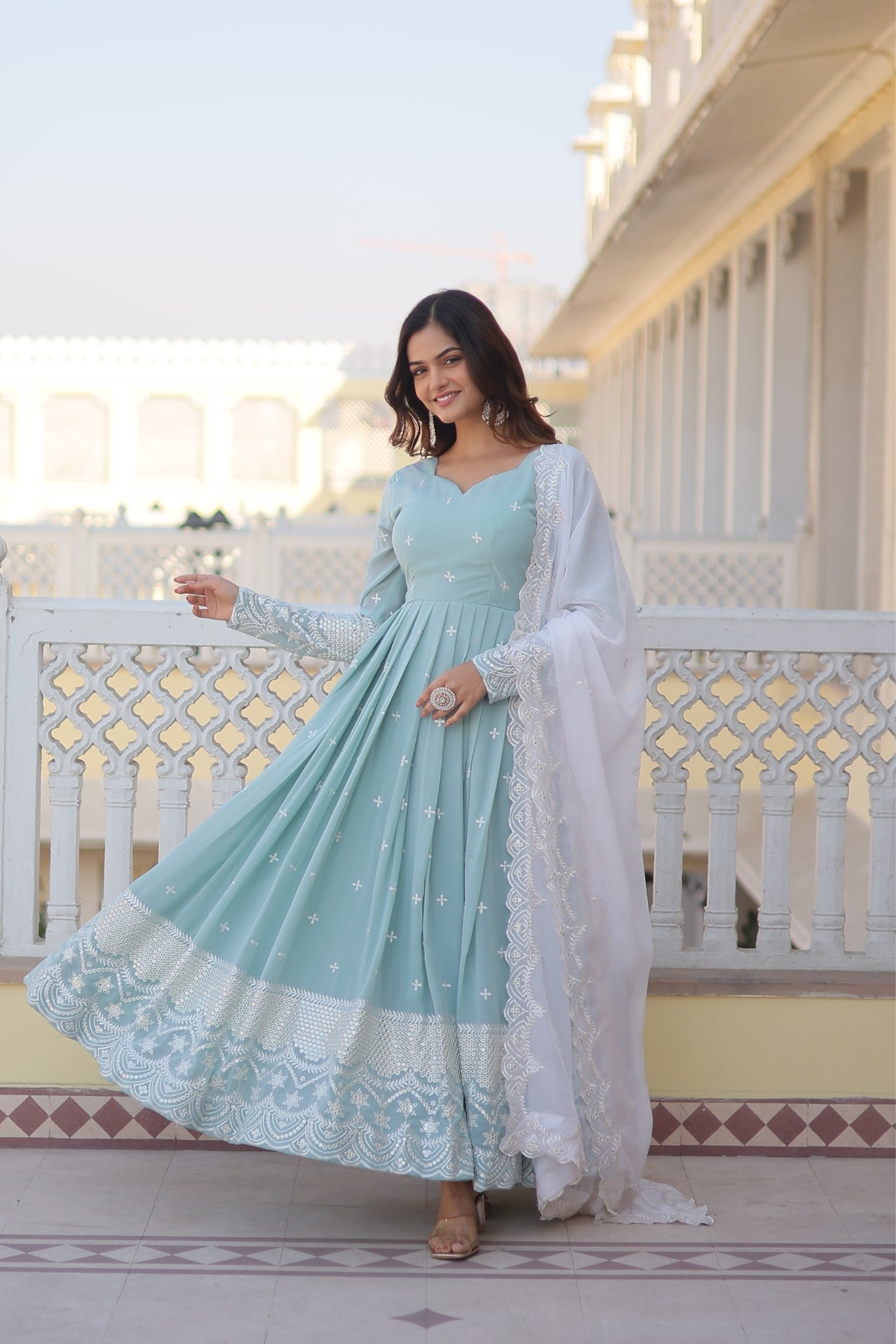 Georgette Sky Blue Designer Readymade Gown Collections