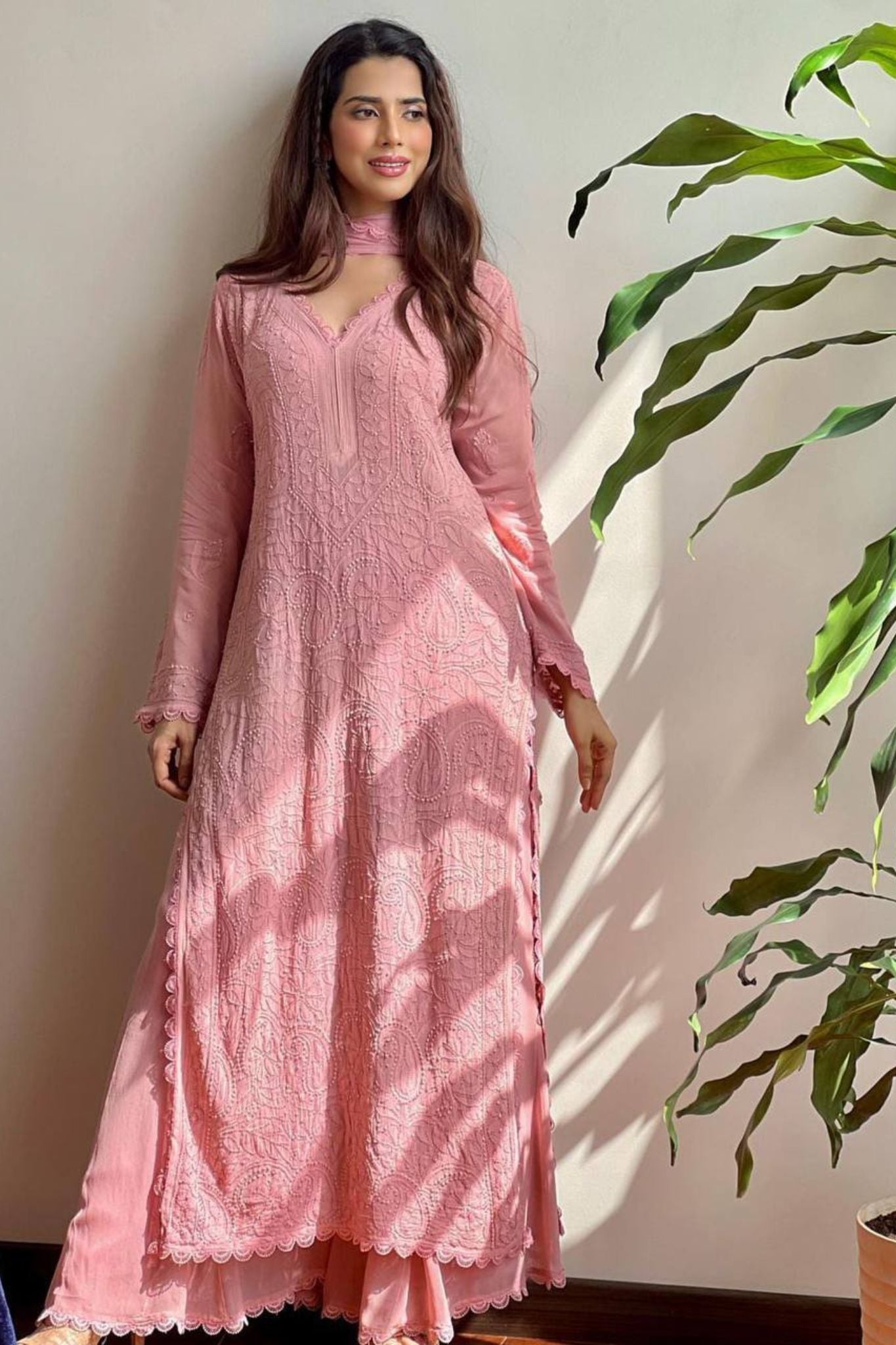 Soft Pink Embroidered Kurta Set with Palazzo and Sheer Dupatta