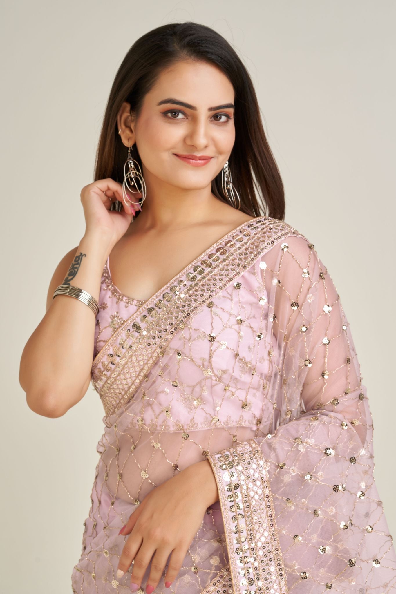 Light Pink Sequins Work Net Saree