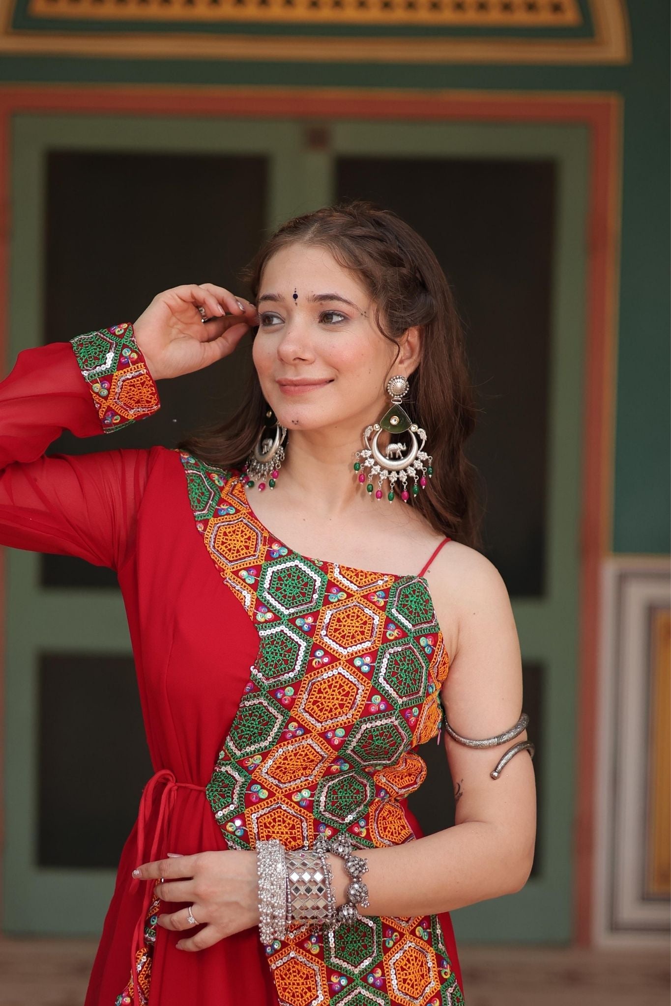 Vibrant Red Navratri Gown with Traditional Gujarati Embroidery