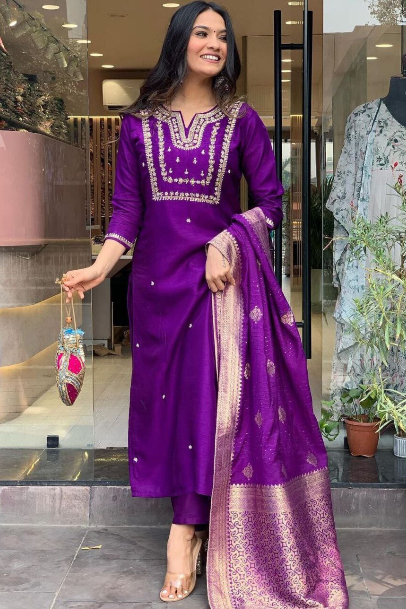 Purple Women Embroidered A-Line Kurta Set