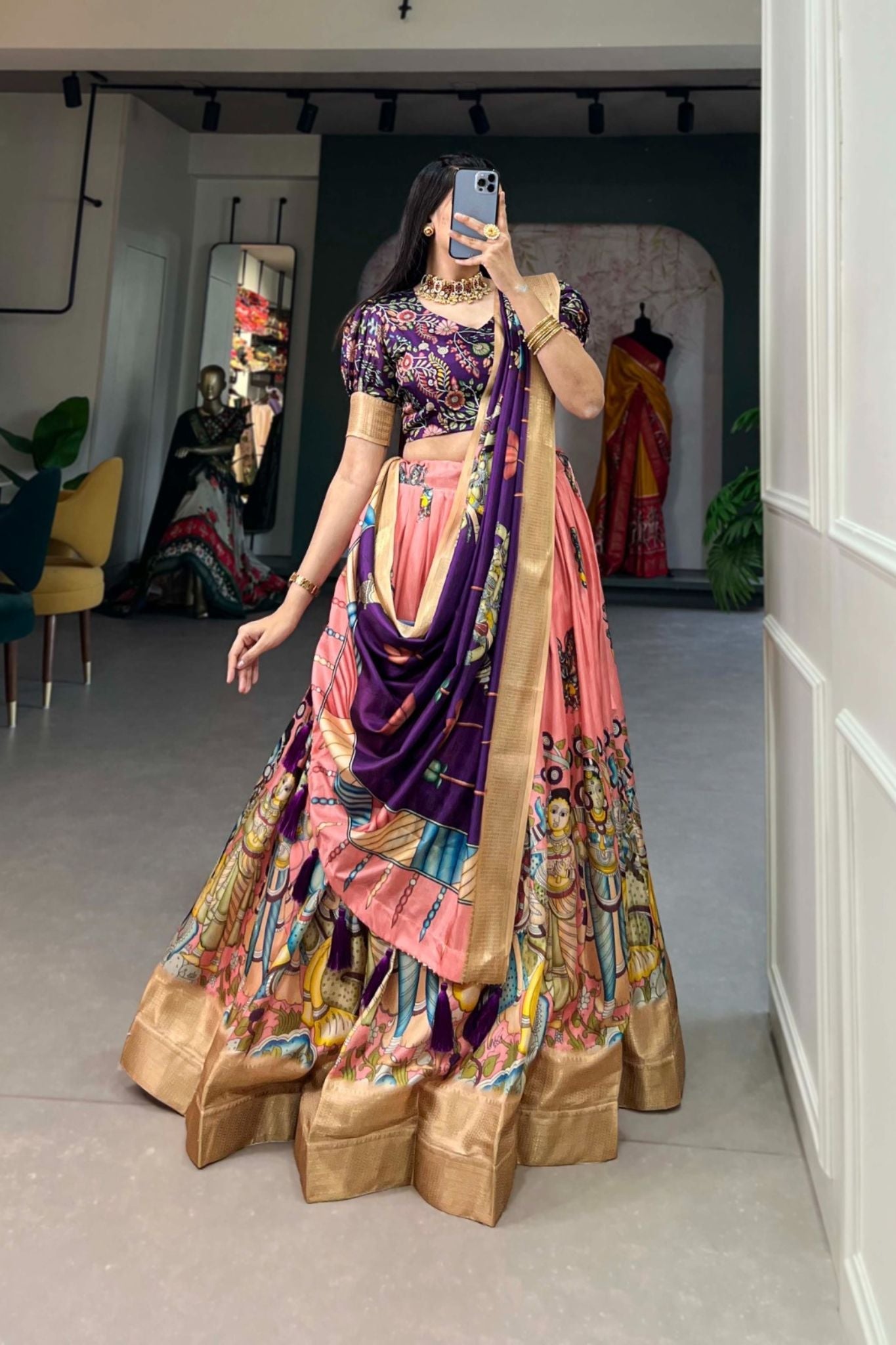 Kalamkari Printed Dola Silk Lehenga Choli