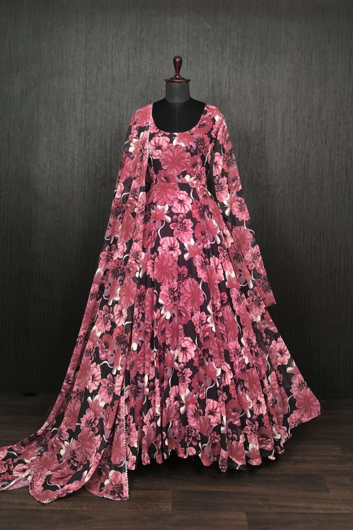 Premium Readymade Pink Flower Gown With Dupatta Set