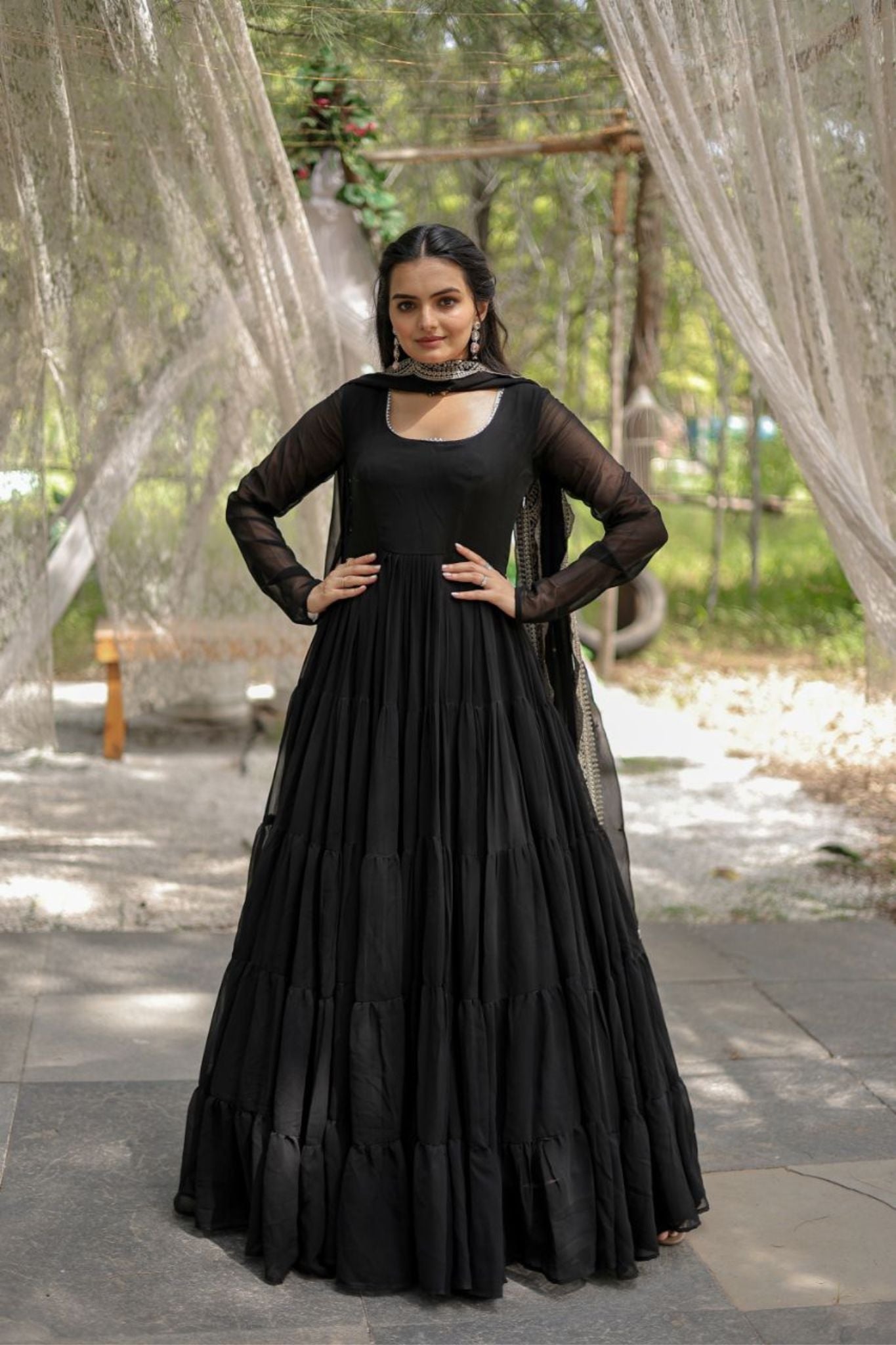 Tiered Stylish Women Gown With Dupatta Set