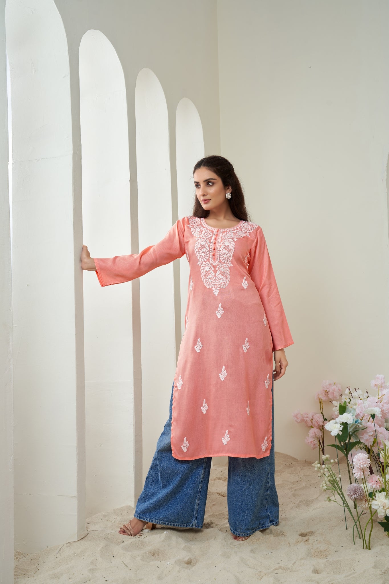 Peach Chikankari Rayon Solid Women's Kurti