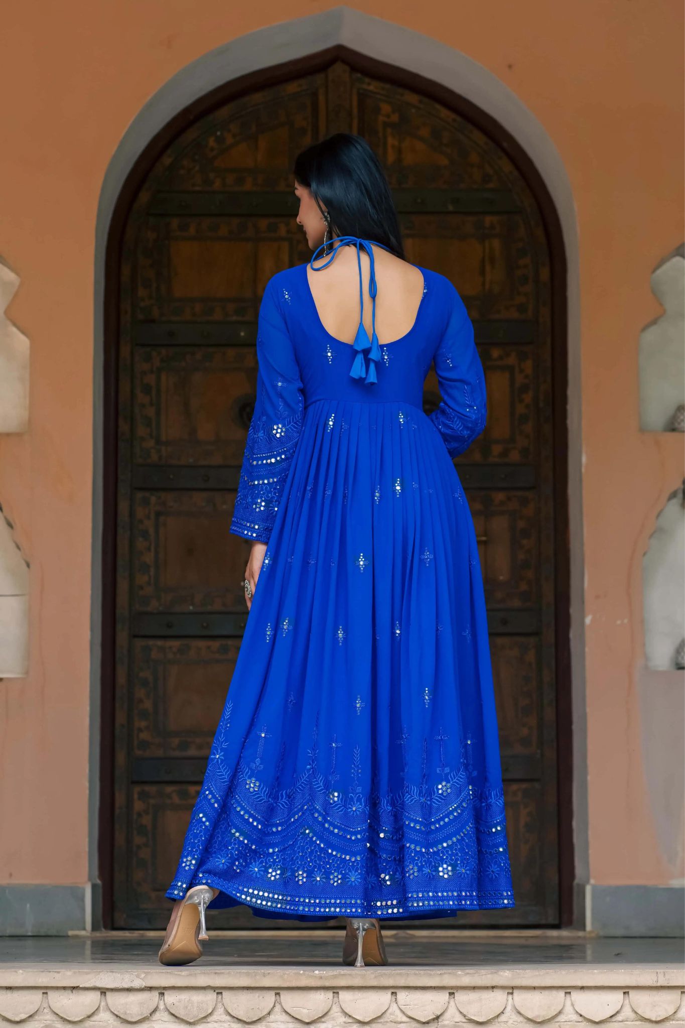 New Georgette Embroidered And Mirror Work Gown With Dupatta Set