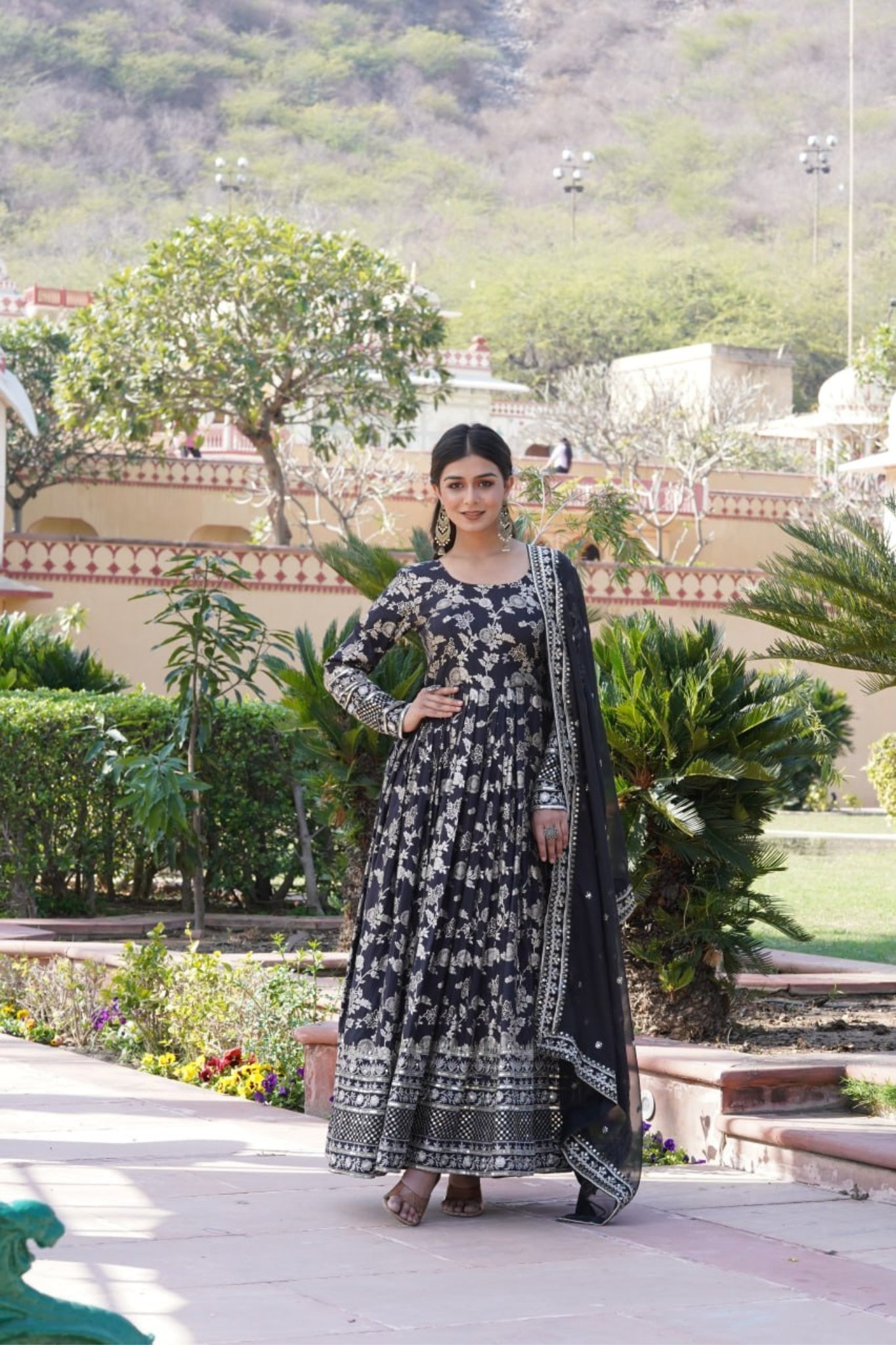 Viscose Jacquard Sequins Embroidered Gown & Dupatta Set