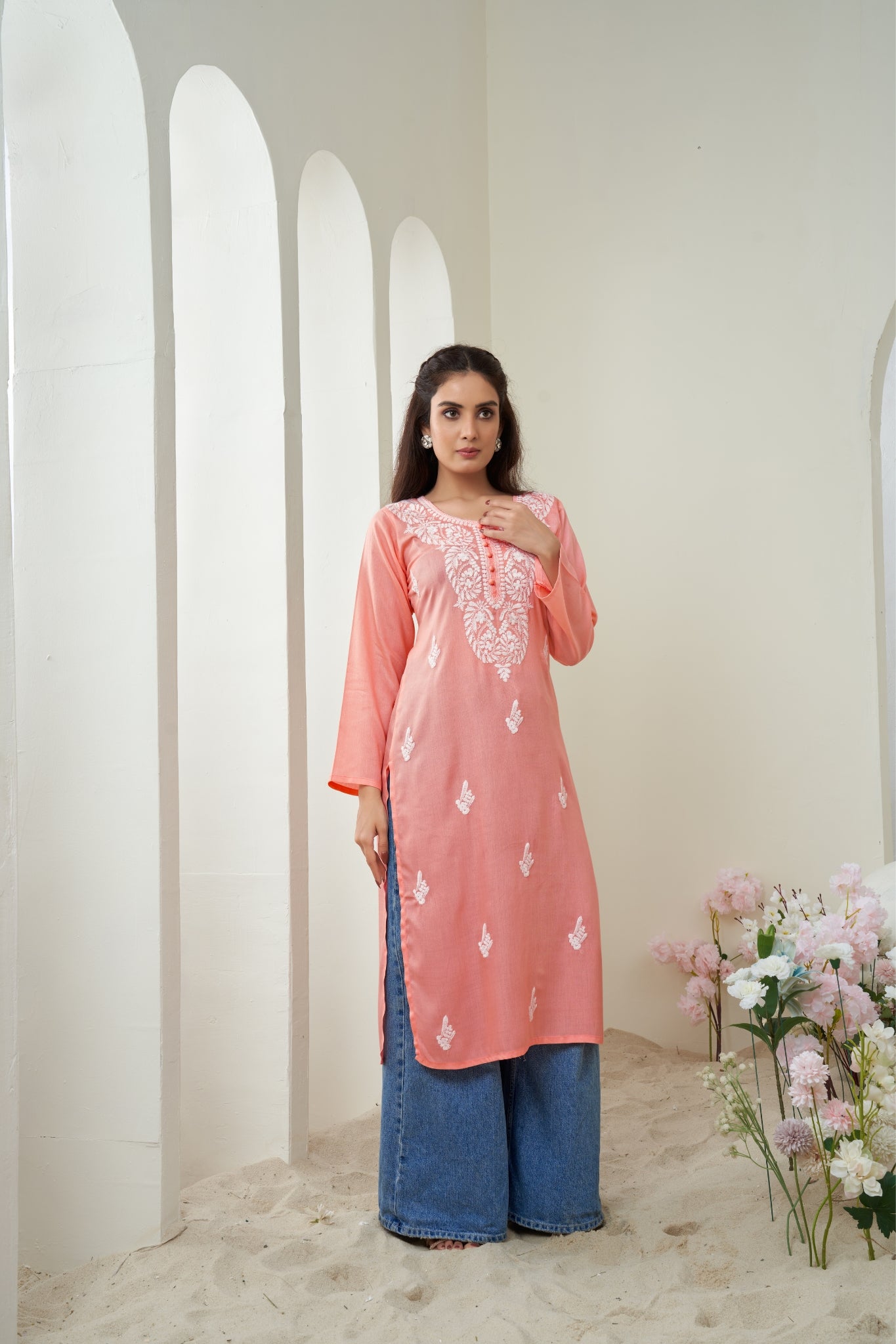 Peach Chikankari Rayon Solid Women's Kurti