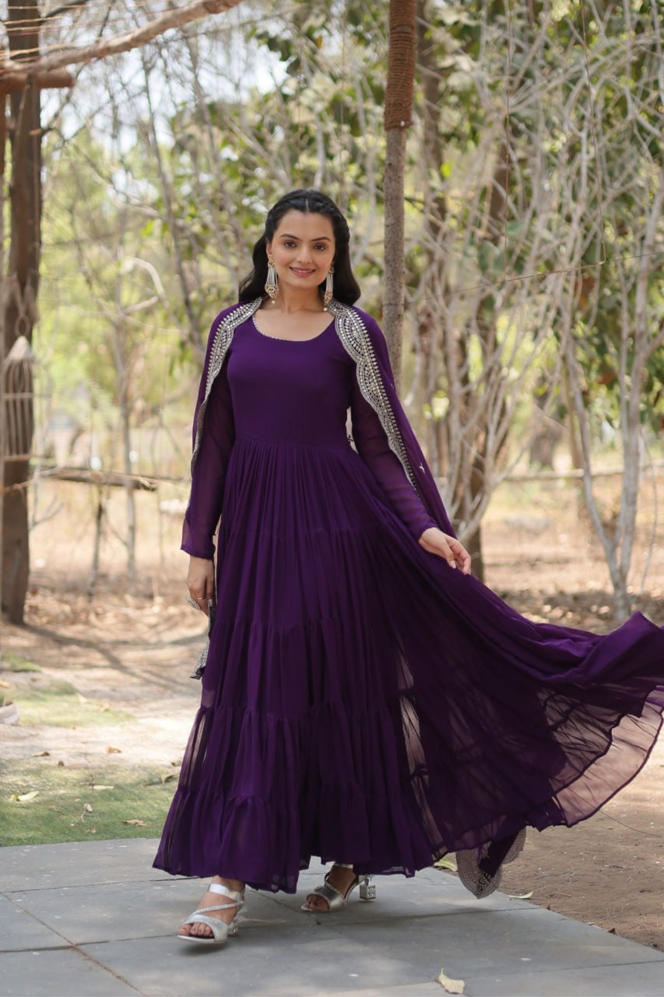 Stylish Tiered Women Anarkali Gown With Dupatta Set