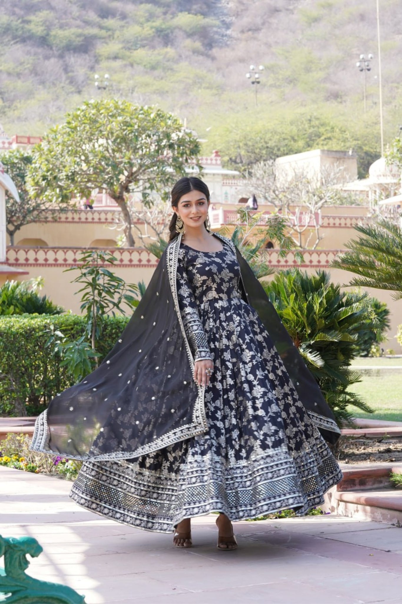 Viscose Jacquard Sequins Embroidered Gown & Dupatta Set