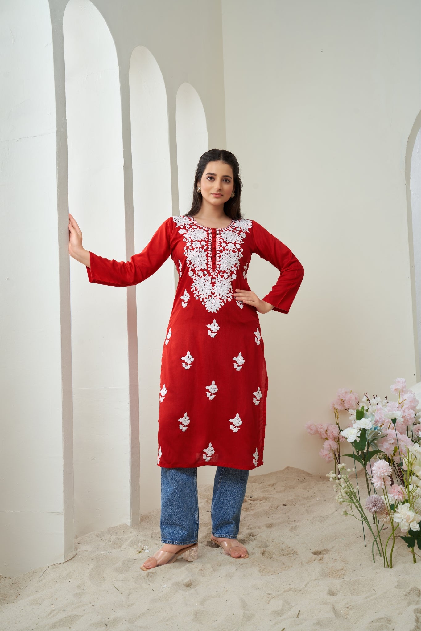 Red Chikankari Rayon Solid Women's Kurti