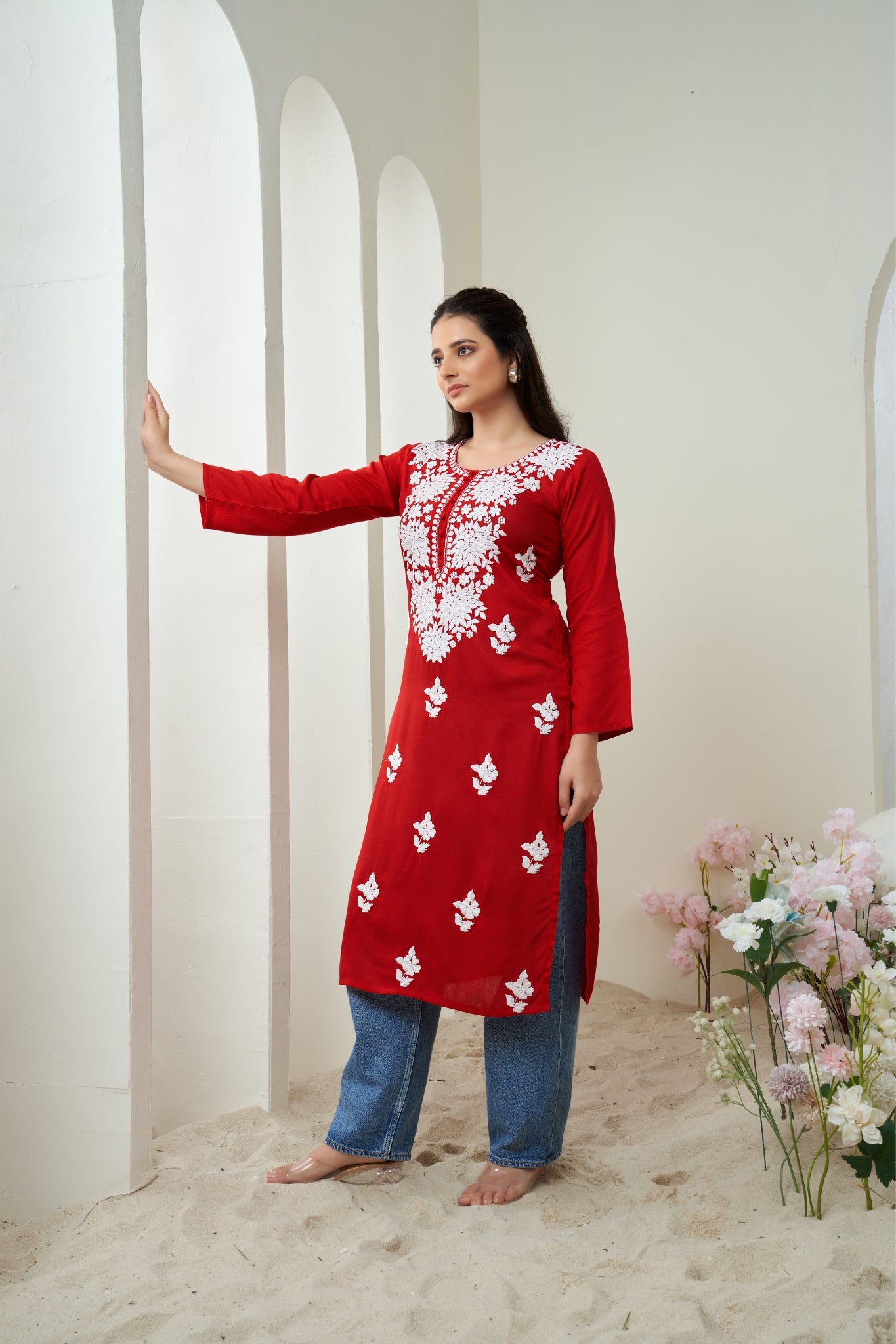 Red Chikankari Rayon Solid Women's Kurti