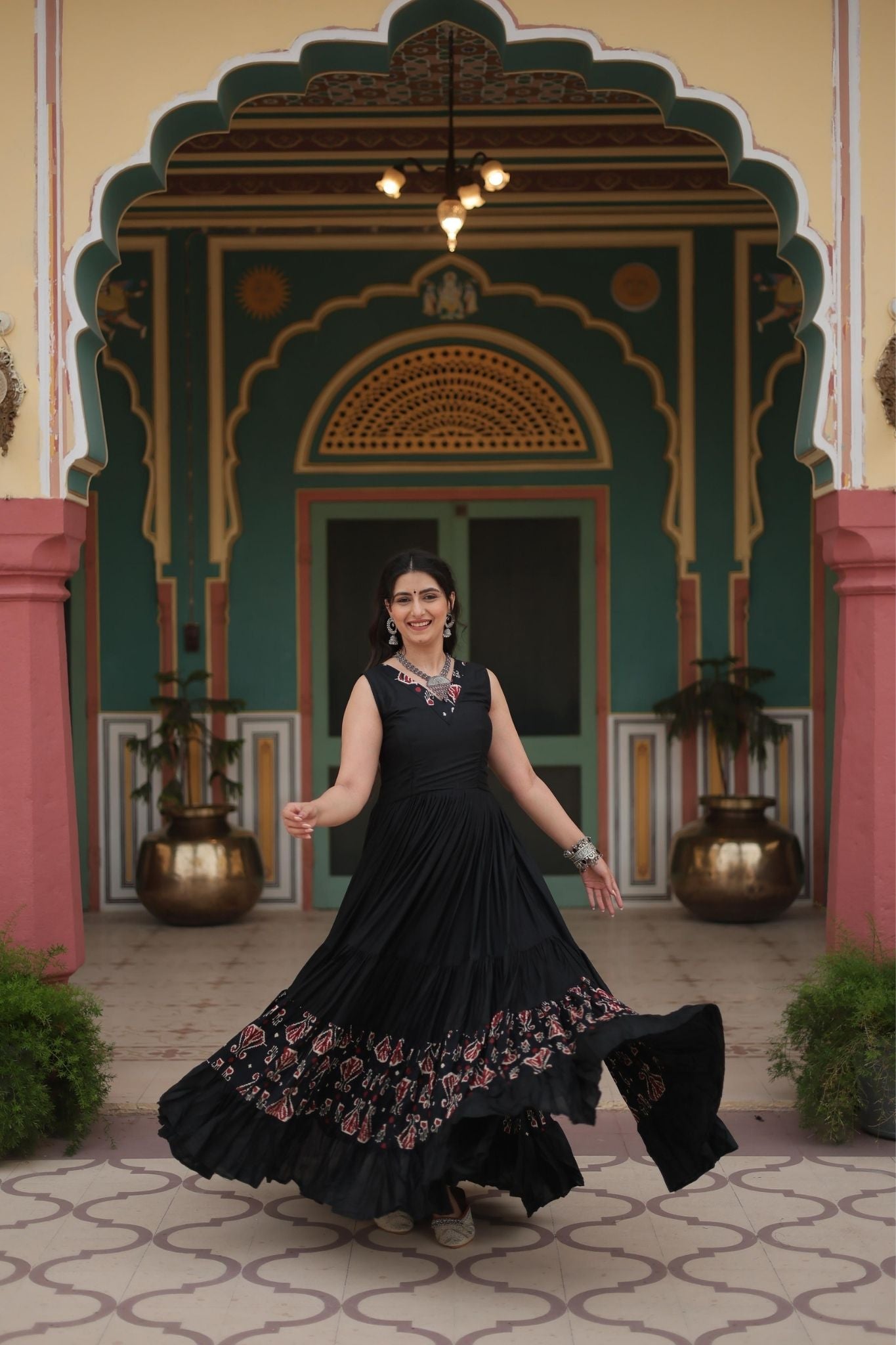 Elegant Maroon & Black Printed Rayon Fabric with Frill and Neck Detail