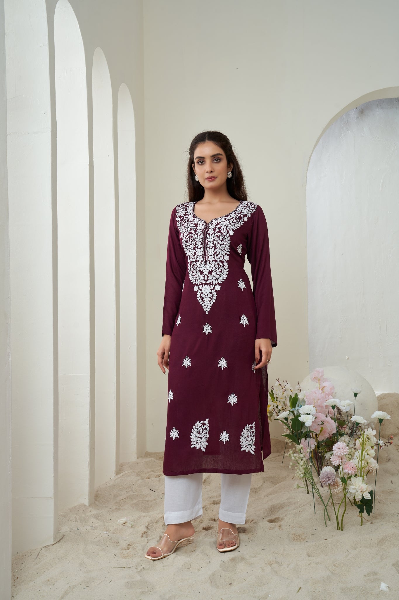 Wine Chikankari Rayon Solid Women's Kurti