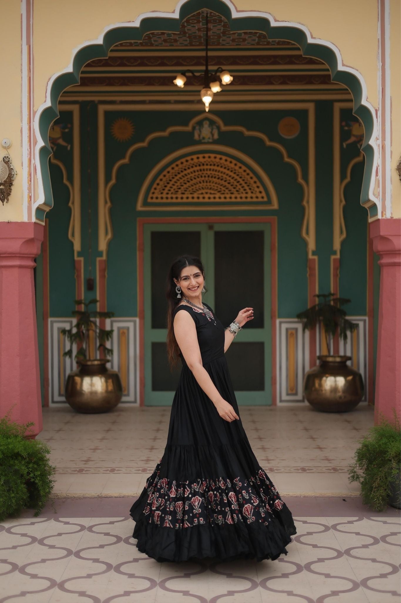 Elegant Maroon & Black Printed Rayon Fabric with Frill and Neck Detail