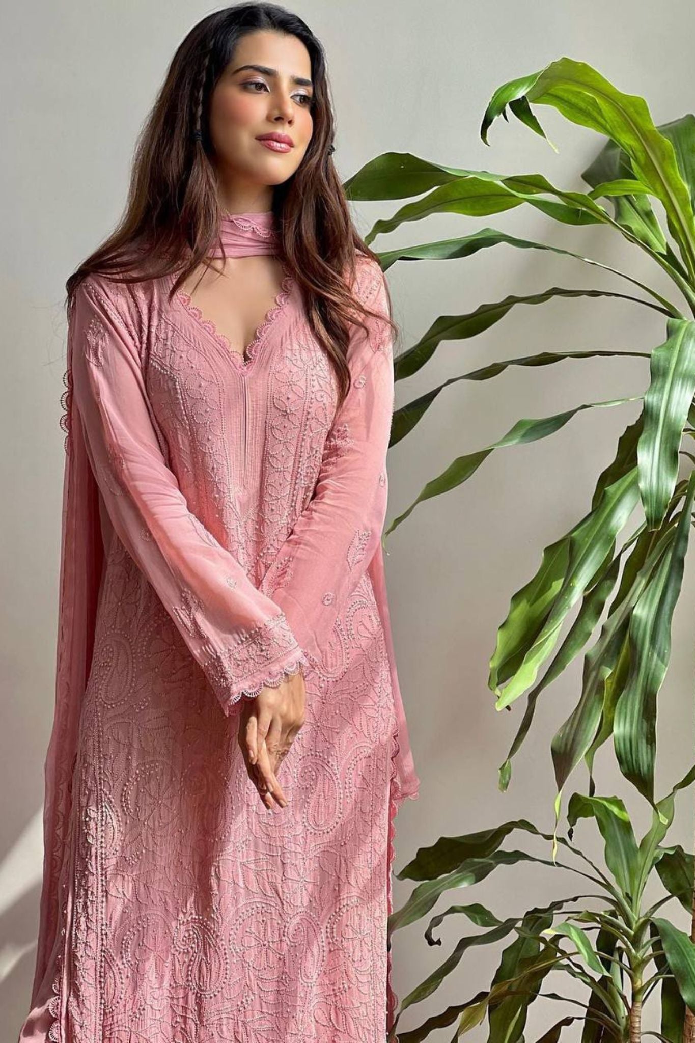 Soft Pink Embroidered Kurta Set with Palazzo and Sheer Dupatta