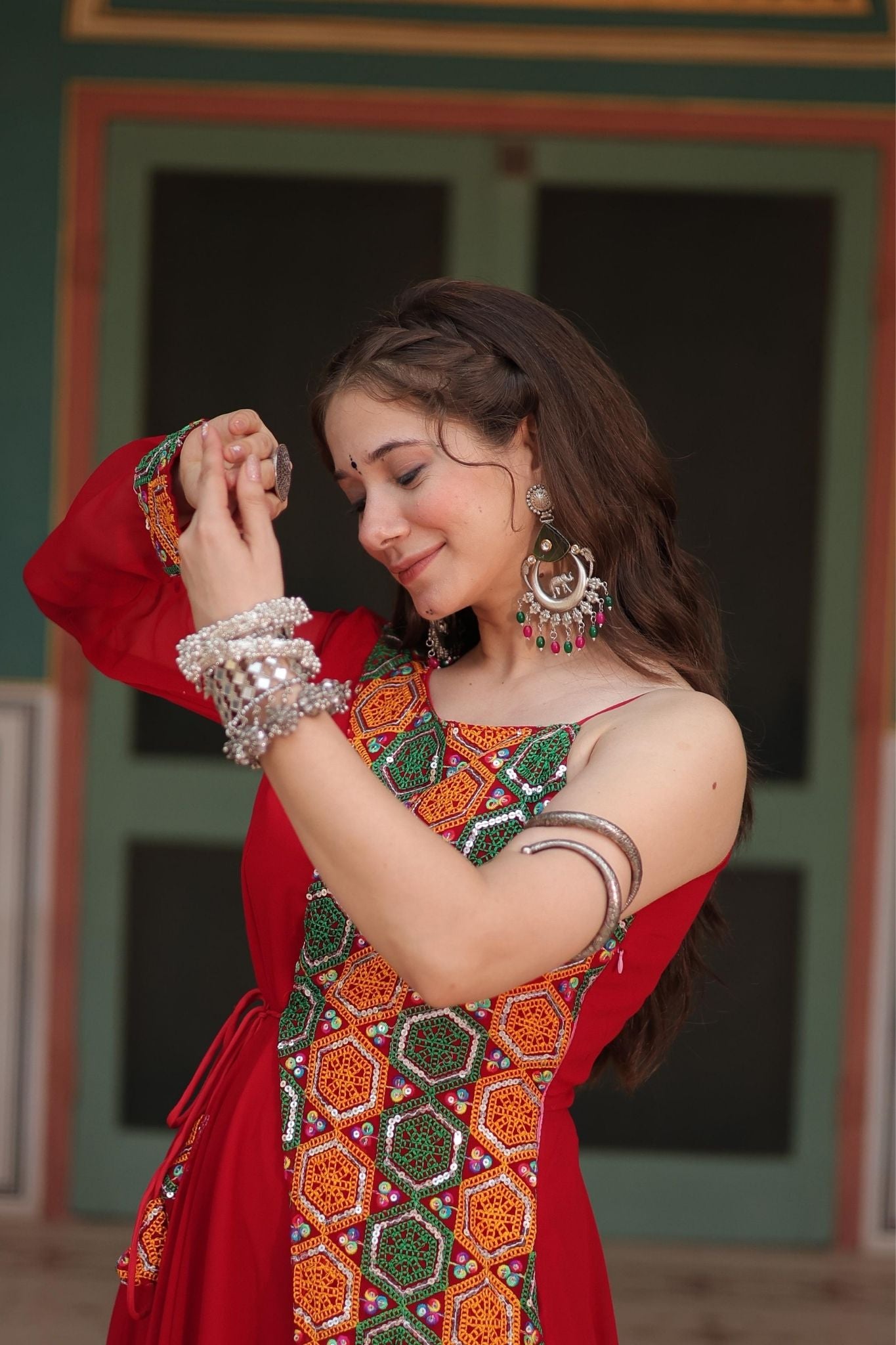 Vibrant Red Navratri Gown with Traditional Gujarati Embroidery