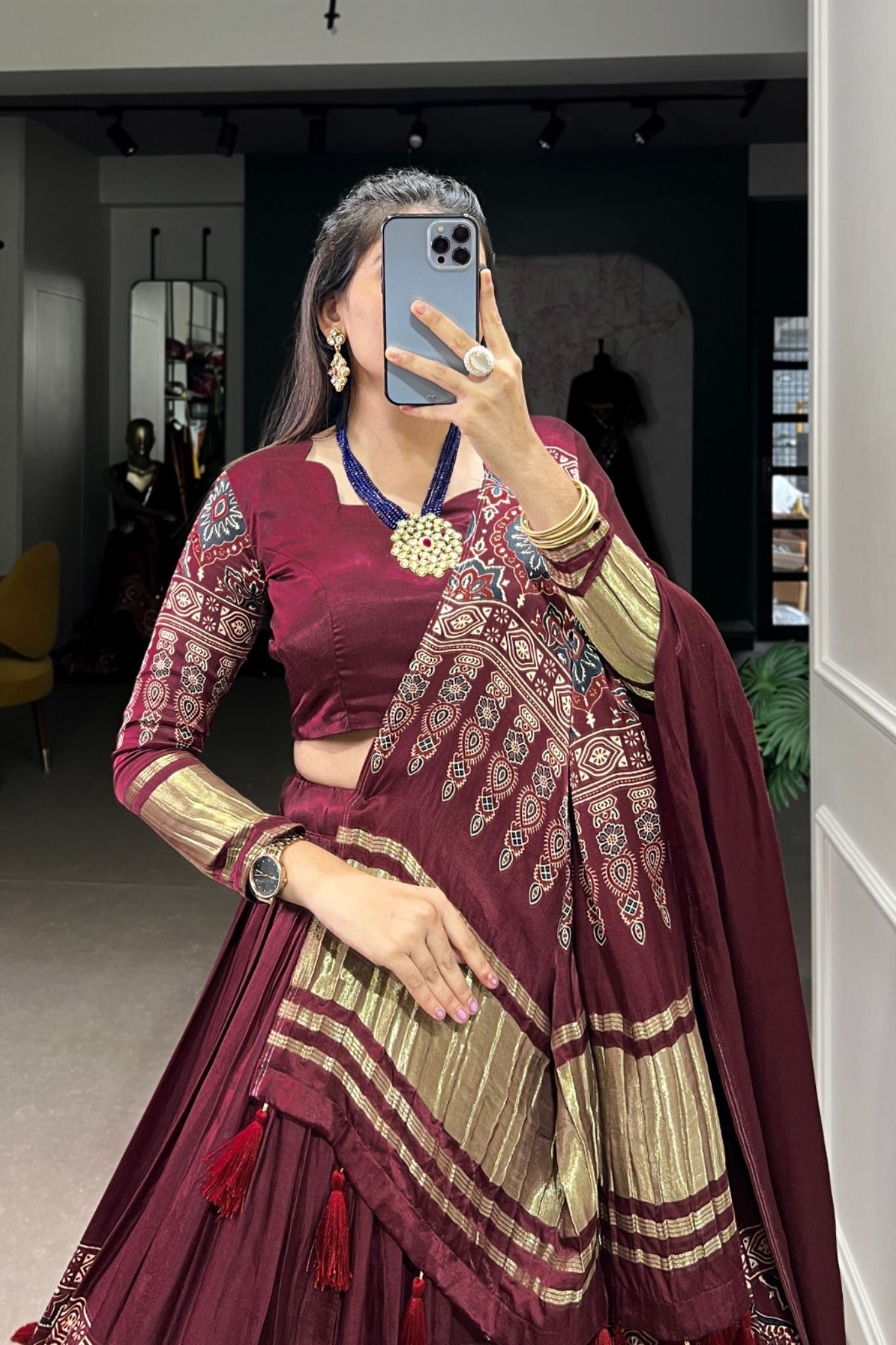 Maroon Gaji Silk Digital Print With Lagadi Patta Work Lehenga Choli