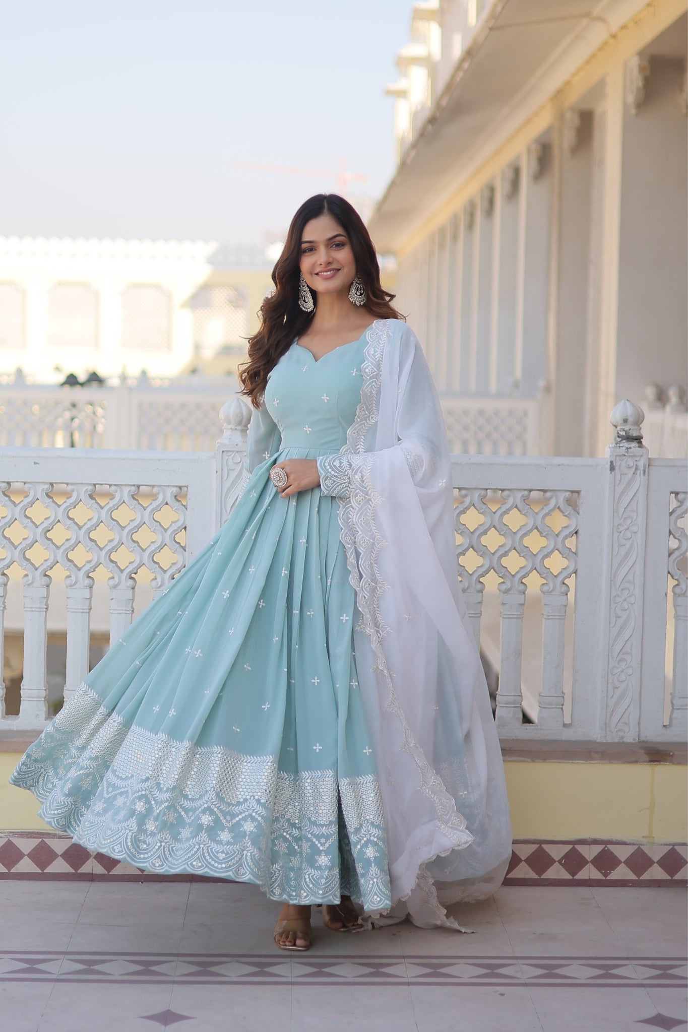 Georgette Sky Blue Designer Readymade Gown Collections