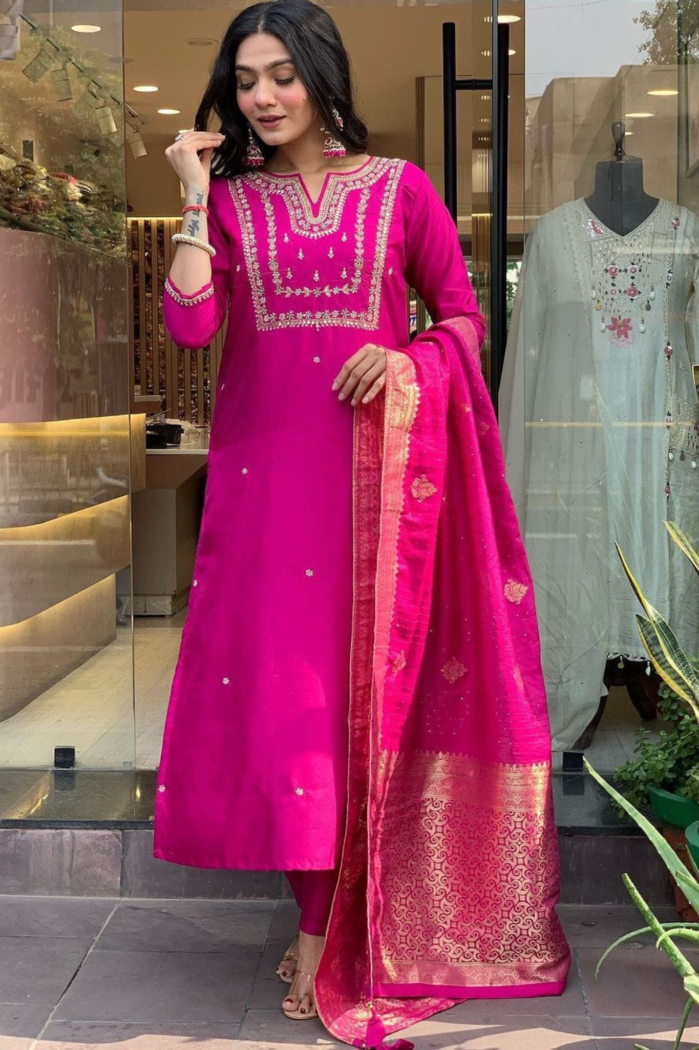 Pink Embroidered Kurta Set with Gold Accents and Matching Dupatta