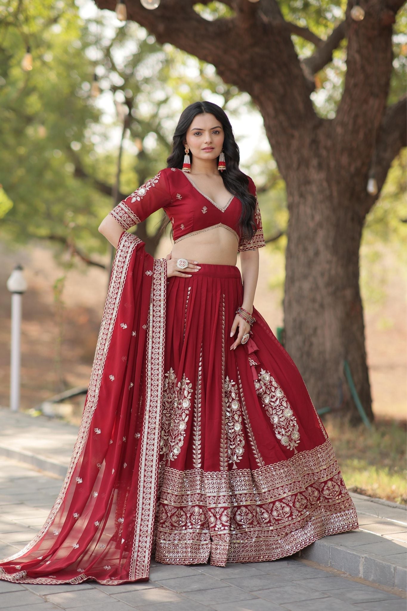 Georgette Sequins Embroidered Work Maroon Lehenga Choli