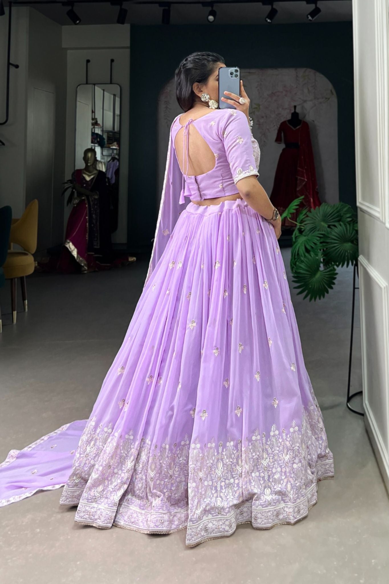 Georgette Lavender Sequins Thread Embroidered Lehenga Choli