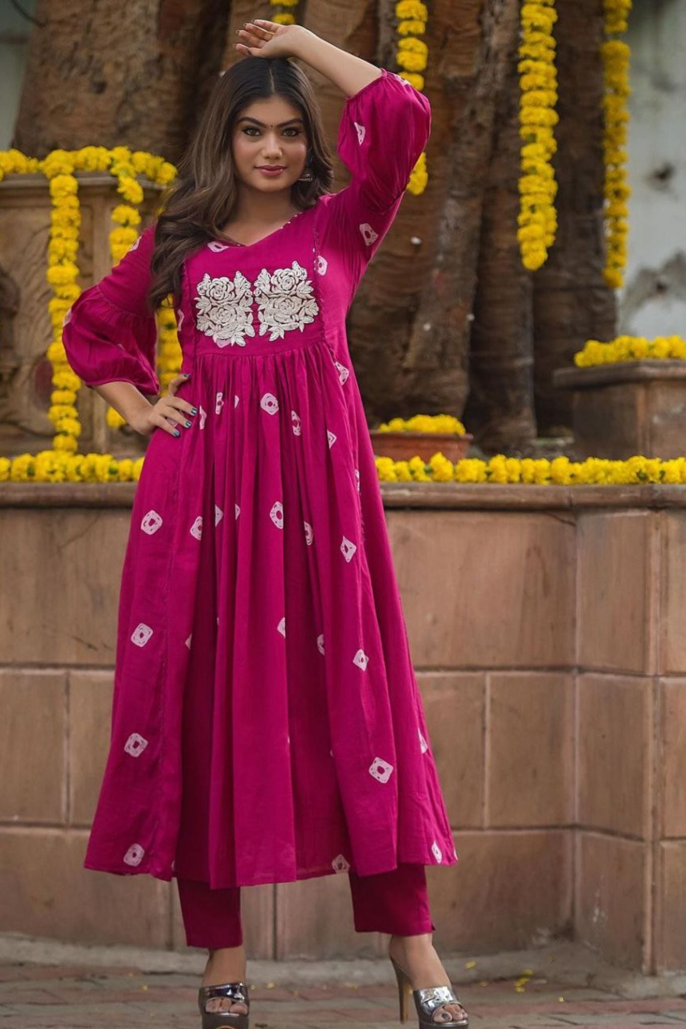 Rani Pink Color Cotton Kurta Pant Set with Handwork Embroidery