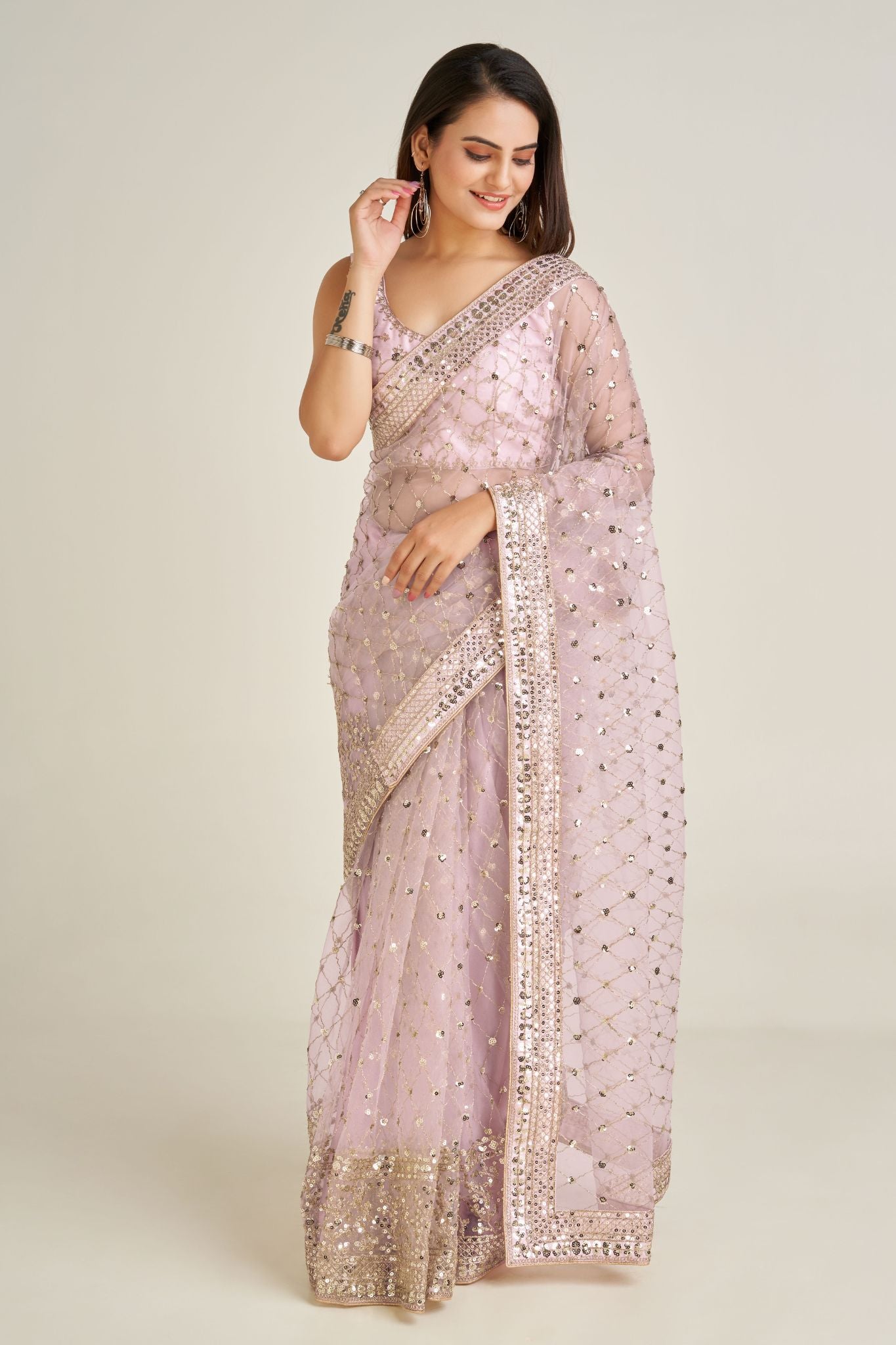 Light Pink Sequins Work Net Saree