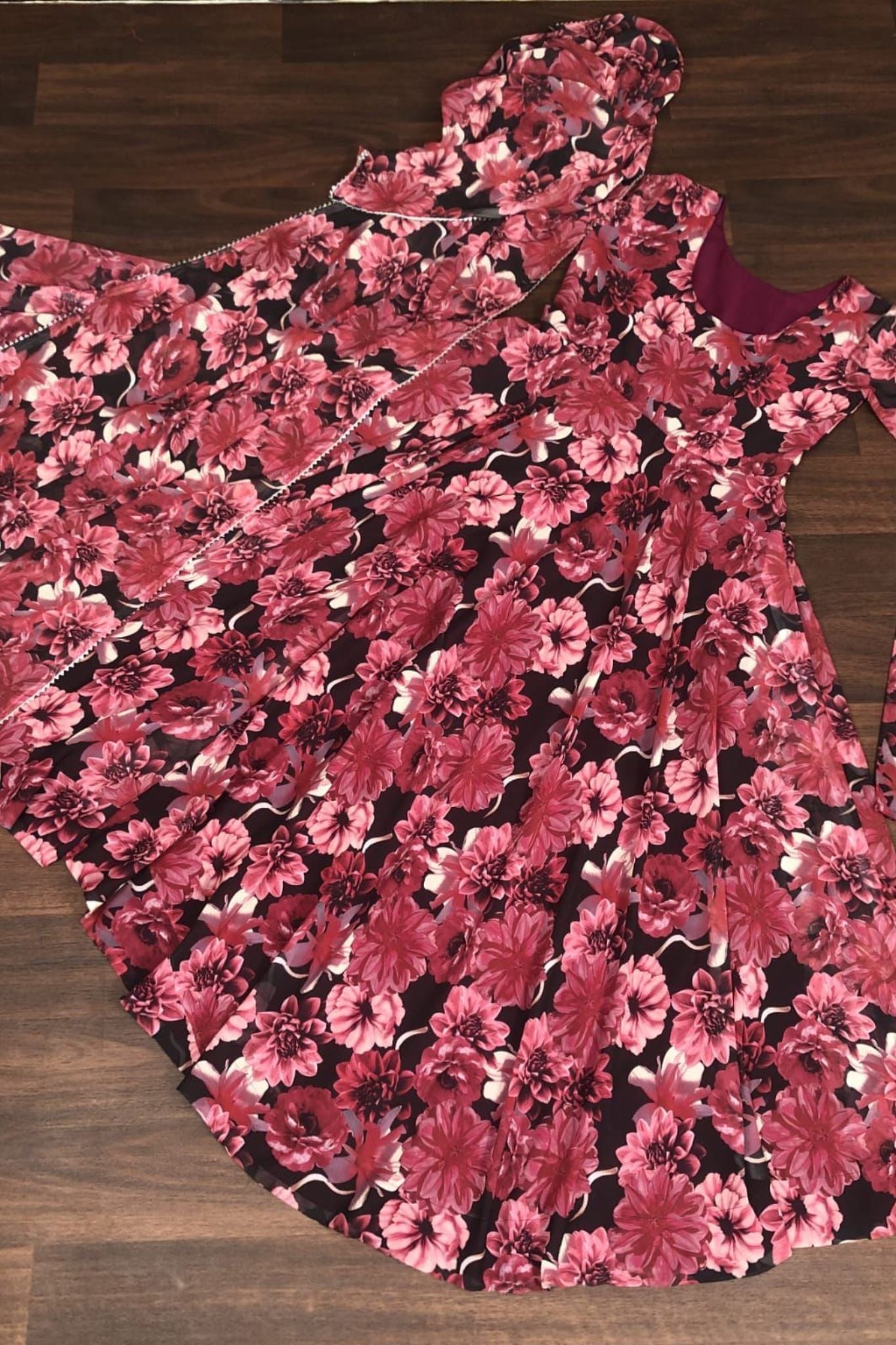 Premium Readymade Pink Flower Gown With Dupatta Set