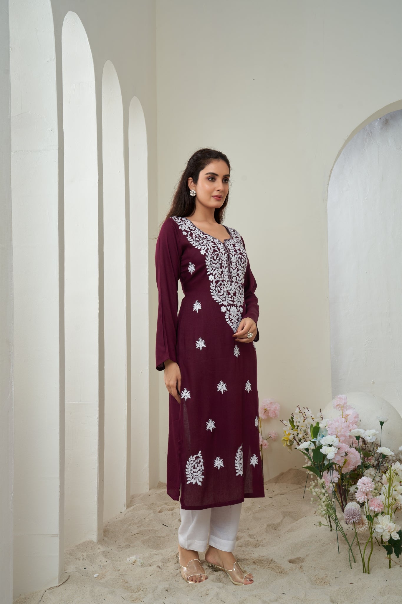 Wine Chikankari Rayon Solid Women's Kurti