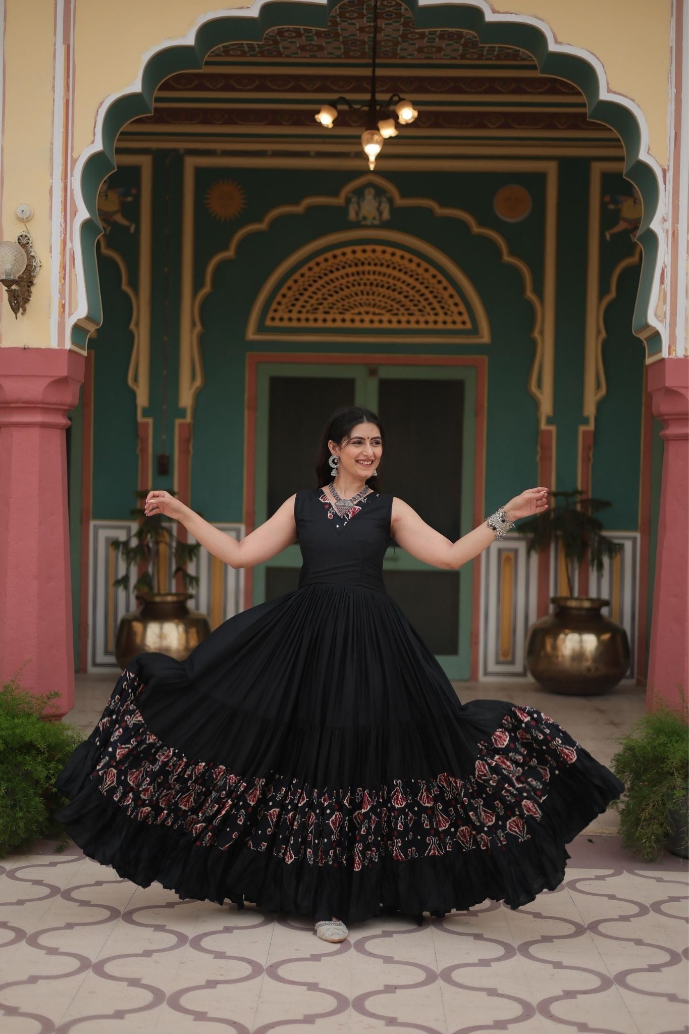 Elegant Maroon & Black Printed Rayon Fabric with Frill and Neck Detail