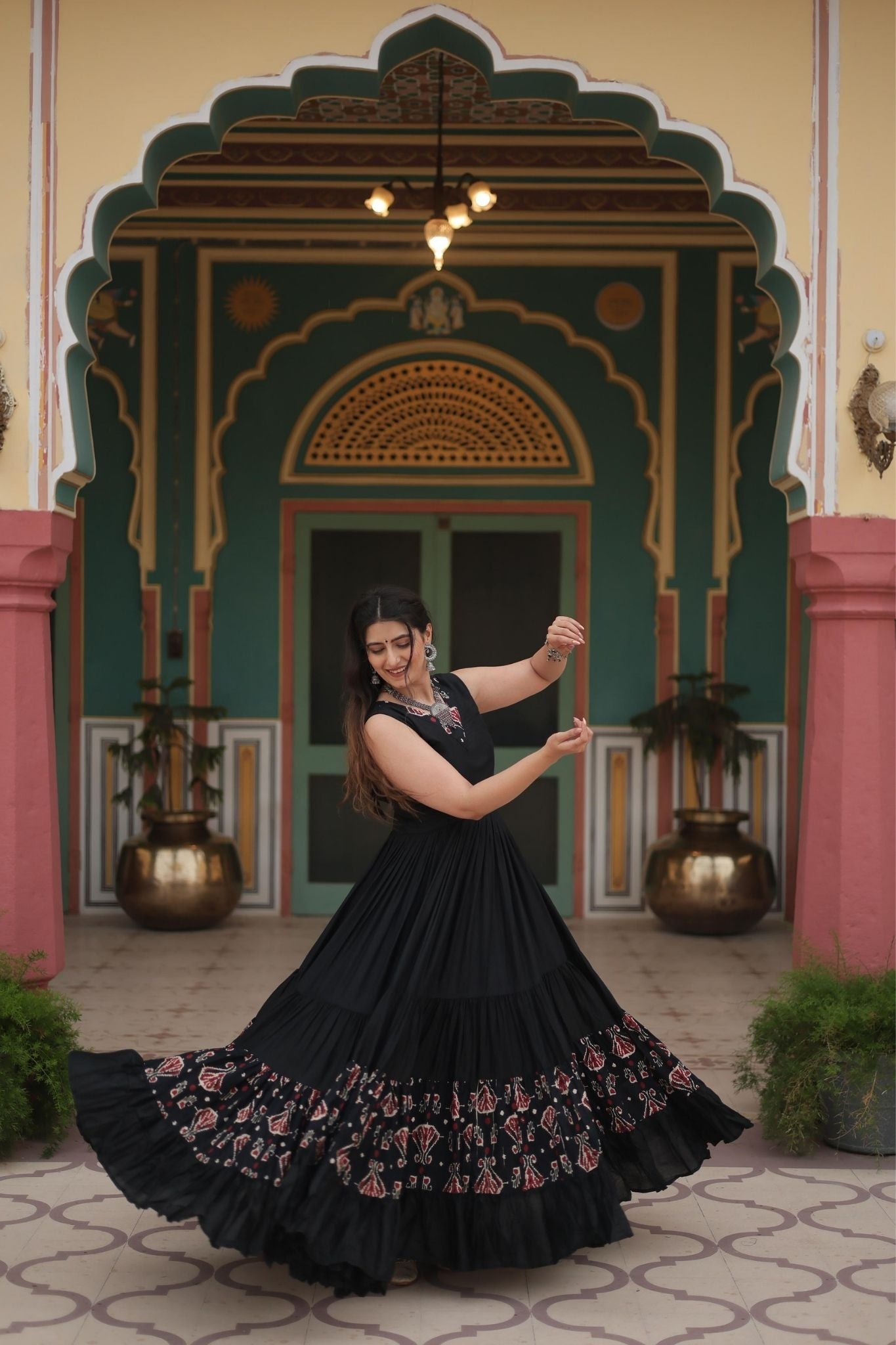 Elegant Maroon & Black Printed Rayon Fabric with Frill and Neck Detail