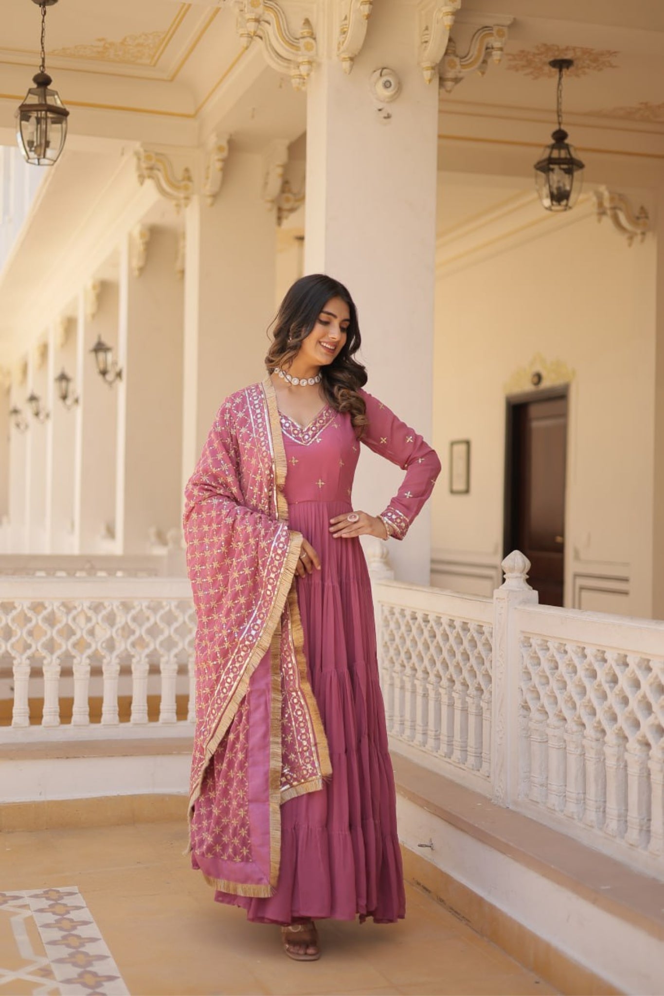 Stunning Designer Embroidered Work Gown With Dupatta Set