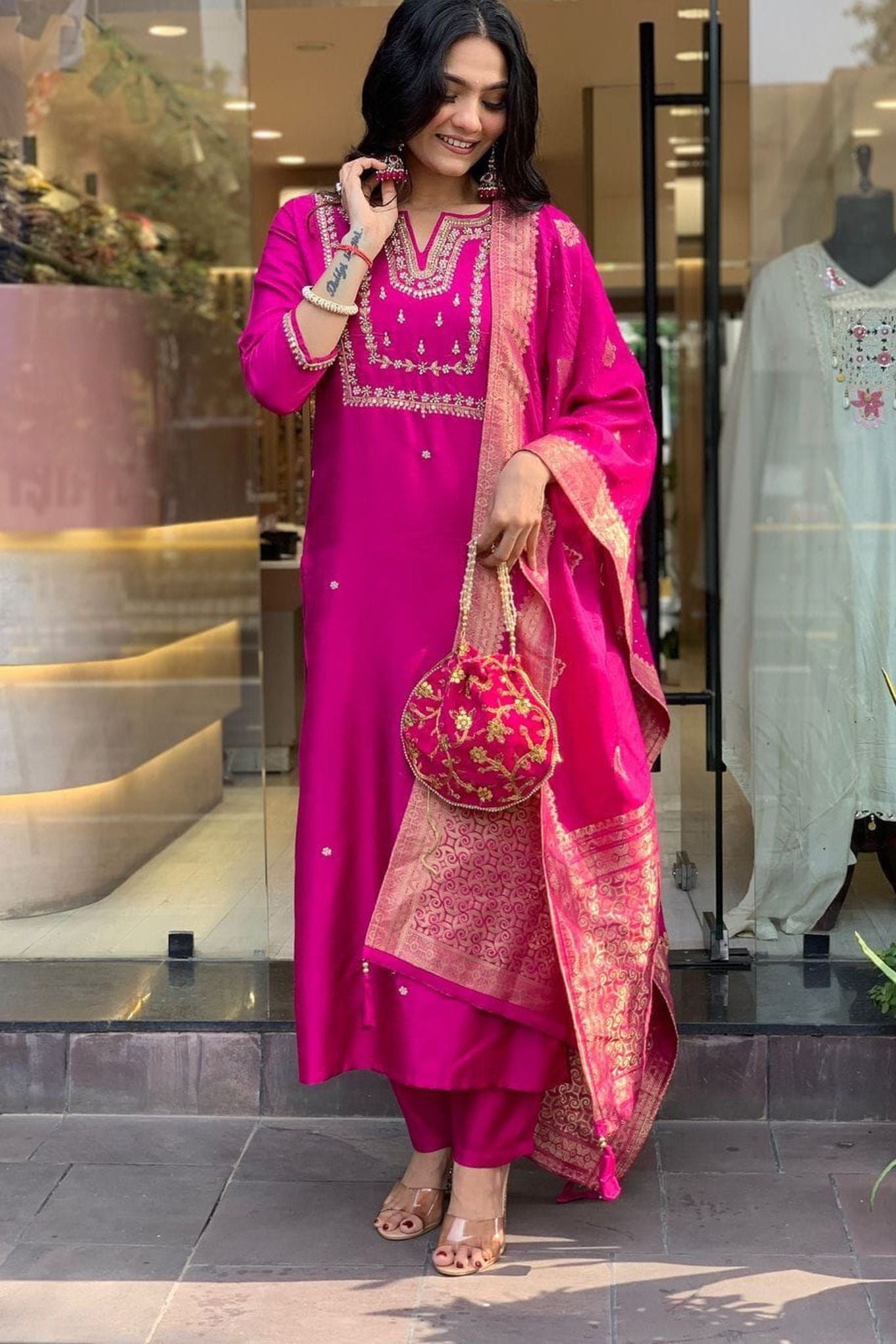 Pink Embroidered Kurta Set with Gold Accents and Matching Dupatta