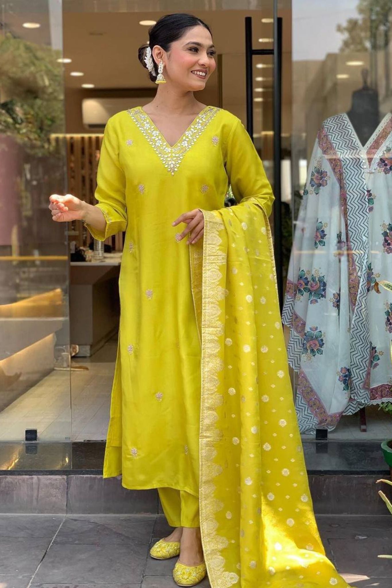 Lime-yellow Heavy Roman Silk Suit Set with Intricate Hand Embroidery & Zari Work