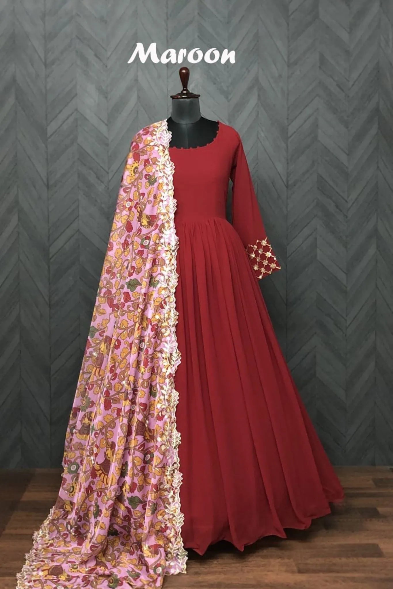 Georgette Plain Anarkali Suit In Maroon Color With Dupatta