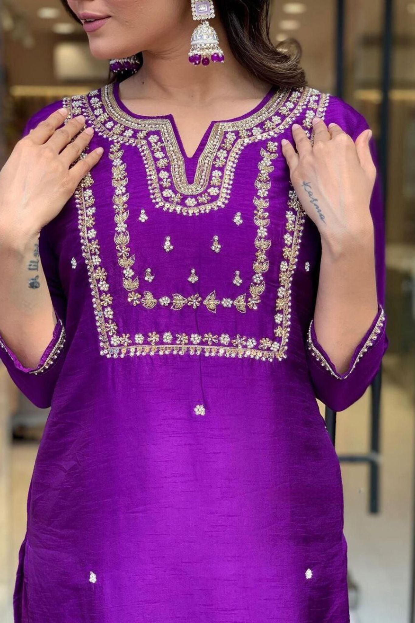 Purple Women Embroidered A-Line Kurta Set