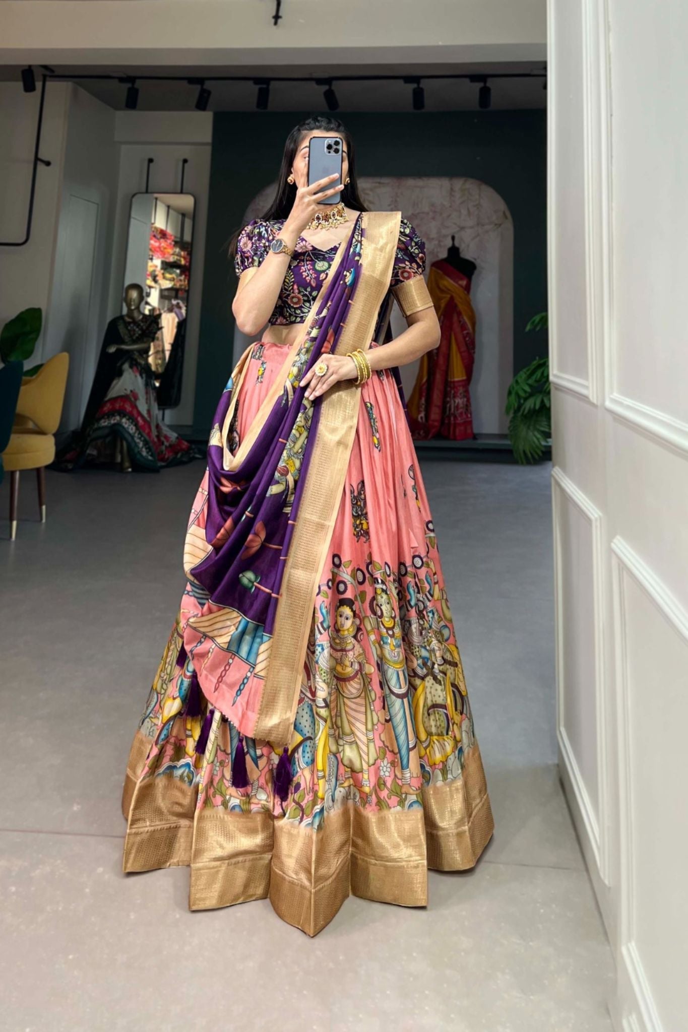 Kalamkari Printed Dola Silk Lehenga Choli