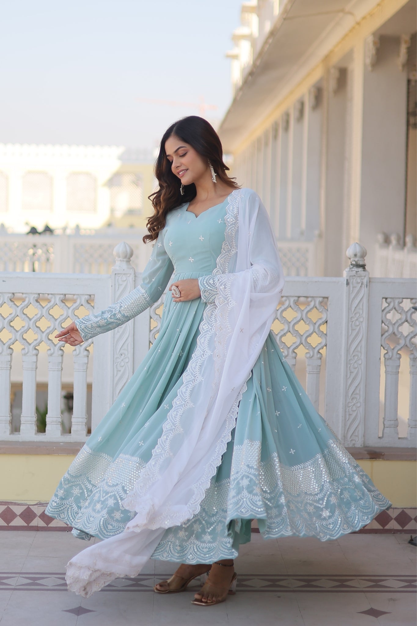 Georgette Sky Blue Designer Readymade Gown Collections