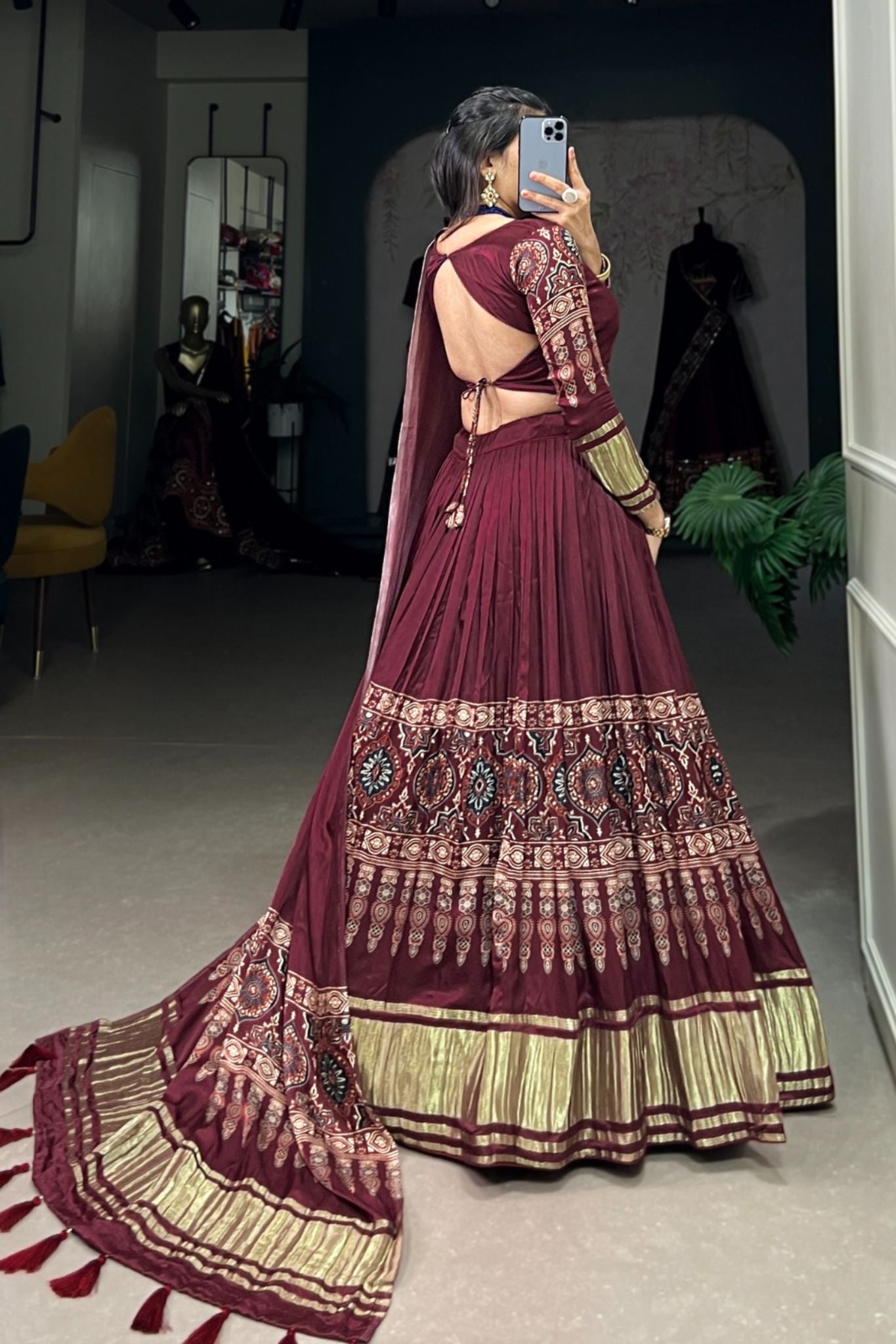 Maroon Gaji Silk Digital Print With Lagadi Patta Work Lehenga Choli