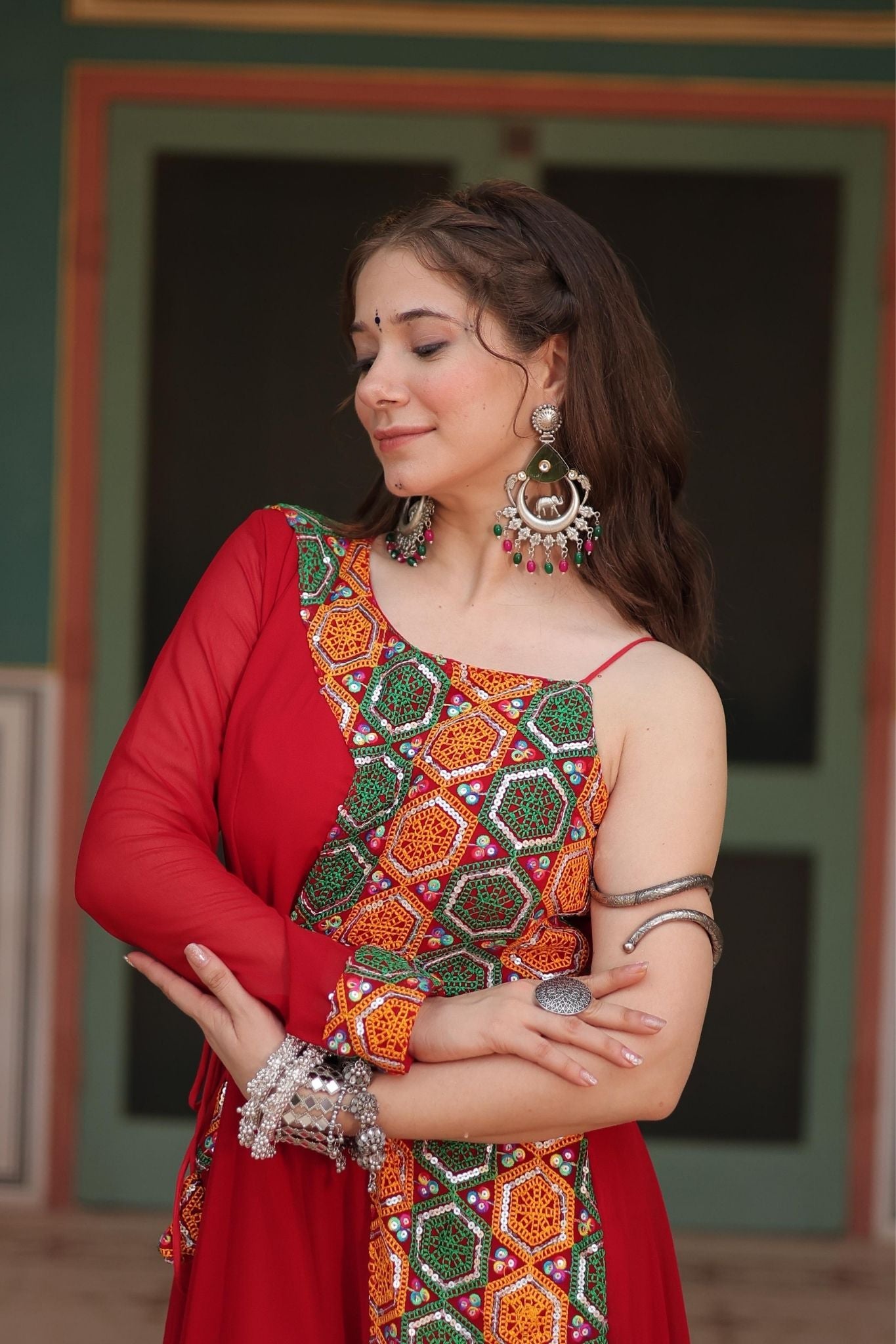 Vibrant Red Navratri Gown with Traditional Gujarati Embroidery