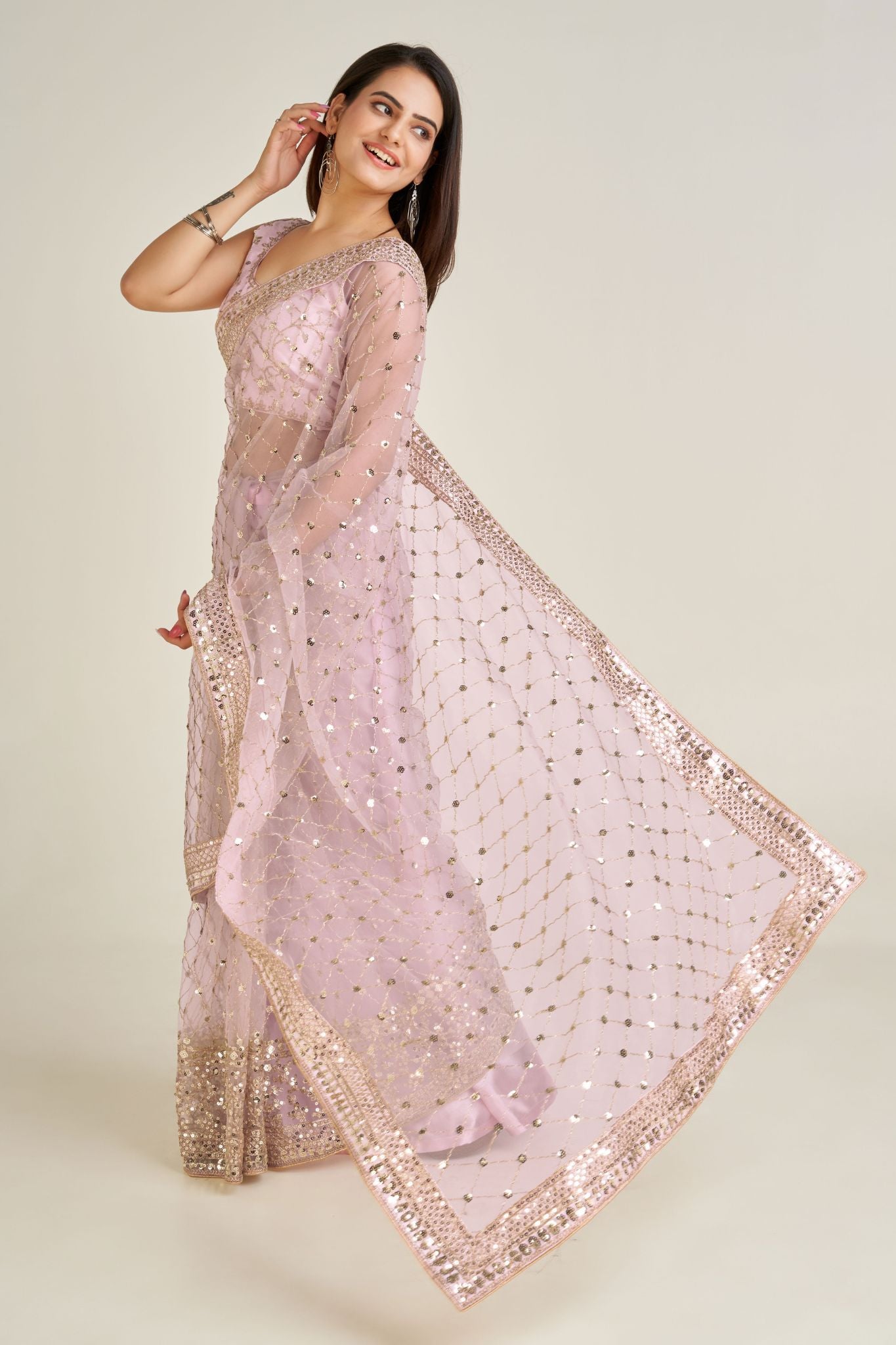 Light Pink Sequins Work Net Saree